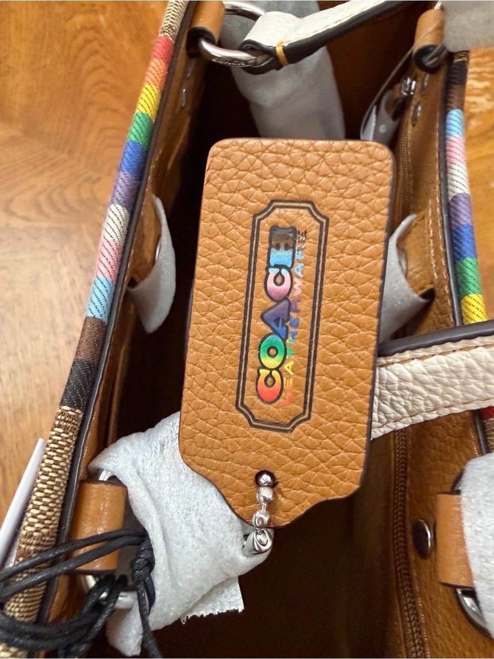 Coach Tan Leather Tote with Rainbow Trim and Logo Tag